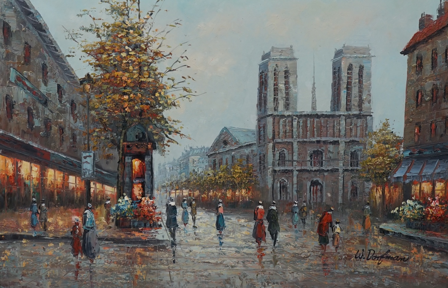 French, oil on canvas, Parisian street scene, indistinctly signed lower right, 59 x 90cm, gilt framed. Condition - good